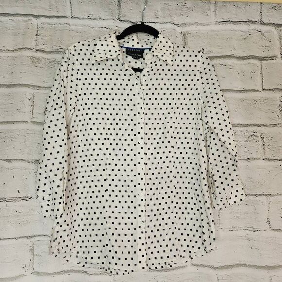 Foxcroft Wrinkle Free Fitted Cotton Geometric Button Up Blouse Black White Sz 8 - Picture 1 of 13
